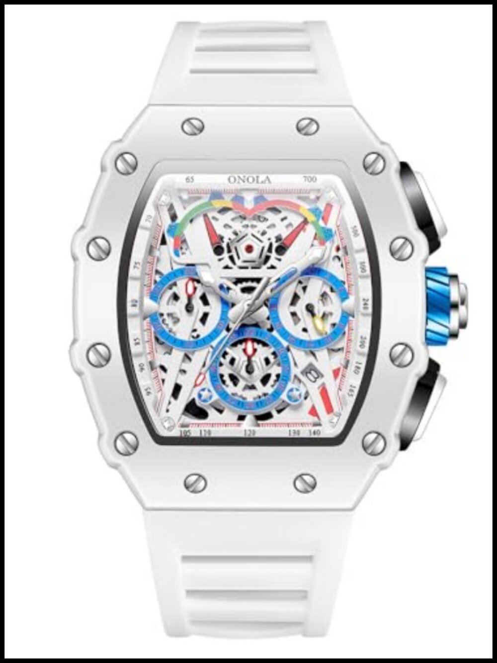 Men's Tonneau Skeleton Chronograph Watch Silicone Strap 30M